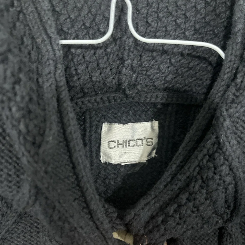 Chico's Cardigan Women 2 M Black Hooded Cable Knit Diamond Button Front Longline